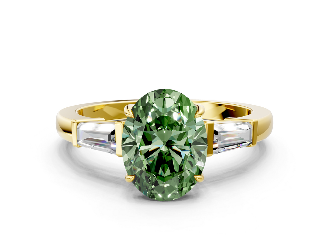 Yellow gold Fancy Green Oval  Cut Diamond Ring with Tapered Baguette Side Stones in Four-Prong Setting_3