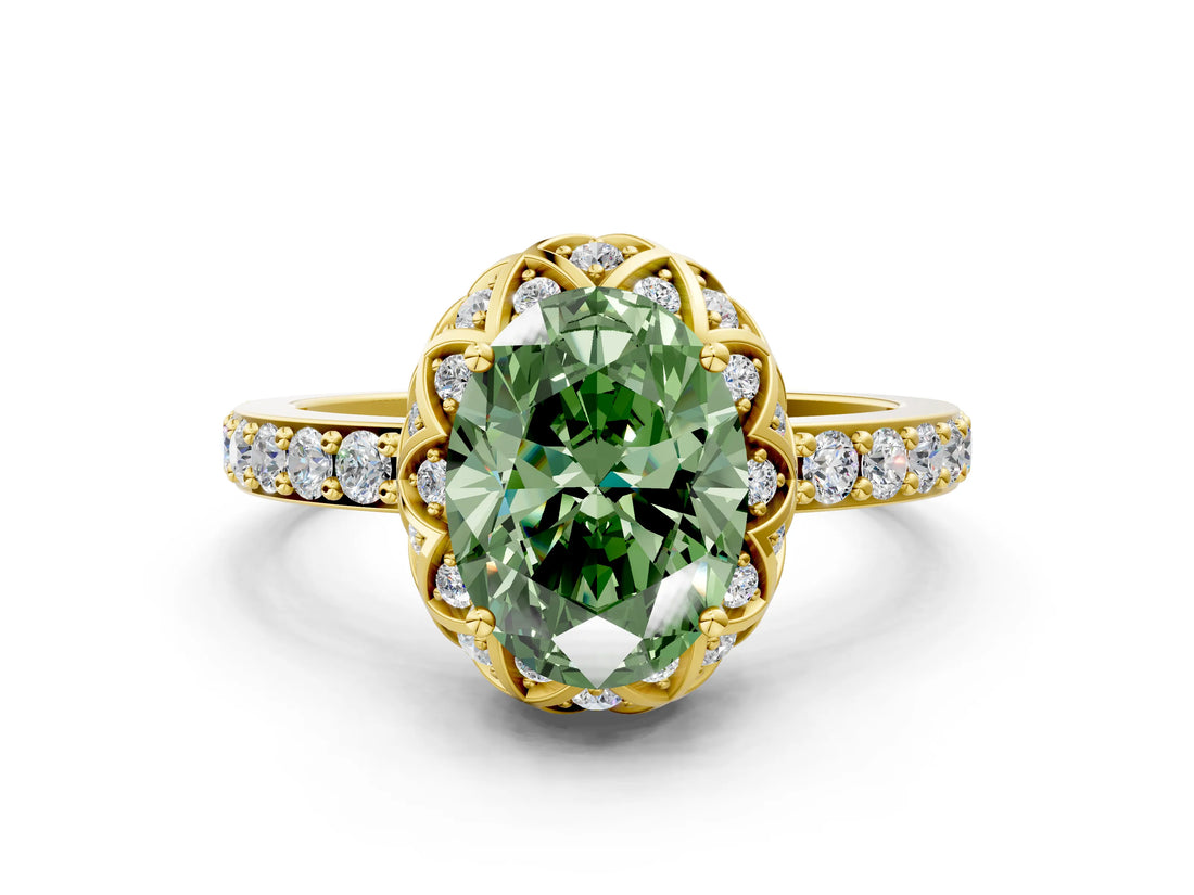 Yellow gold Fancy Green Oval Cut Diamond Scalloped Halo Engagement Ring with Round Shared Prong Band_12
