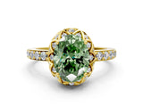 Yellow gold Fancy Green Oval Cut Diamond Scalloped Halo Engagement Ring with Round Shared Prong Band_12
