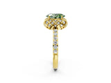 Yellow gold Fancy Green Oval Cut Diamond Scalloped Halo Engagement Ring with Round Shared Prong Band_14
