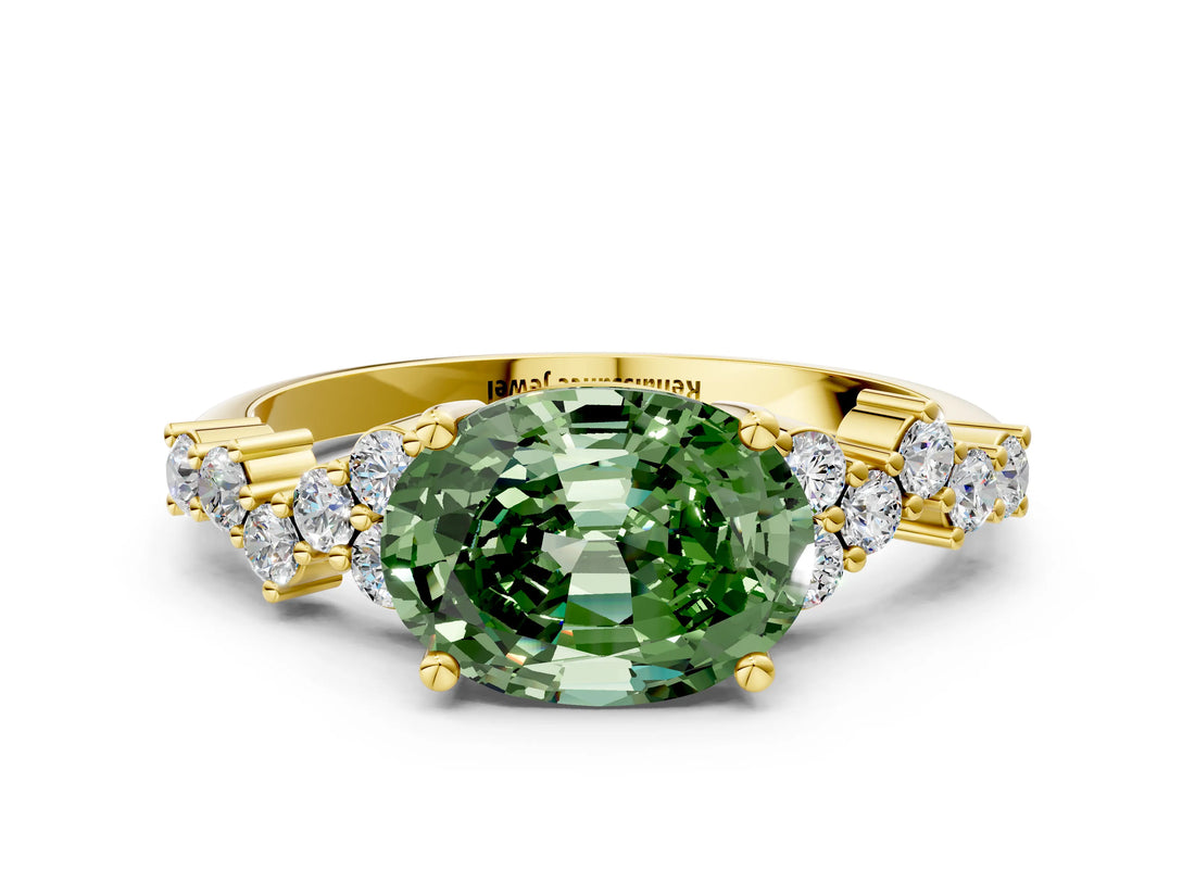 Yellow gold Fancy Green Oval Cut Diamond Scattered Round Accent Ring with Prong Setting_13