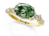 Yellow gold Fancy Green Oval Cut Diamond Scattered Round Accent Ring with Prong Setting_14