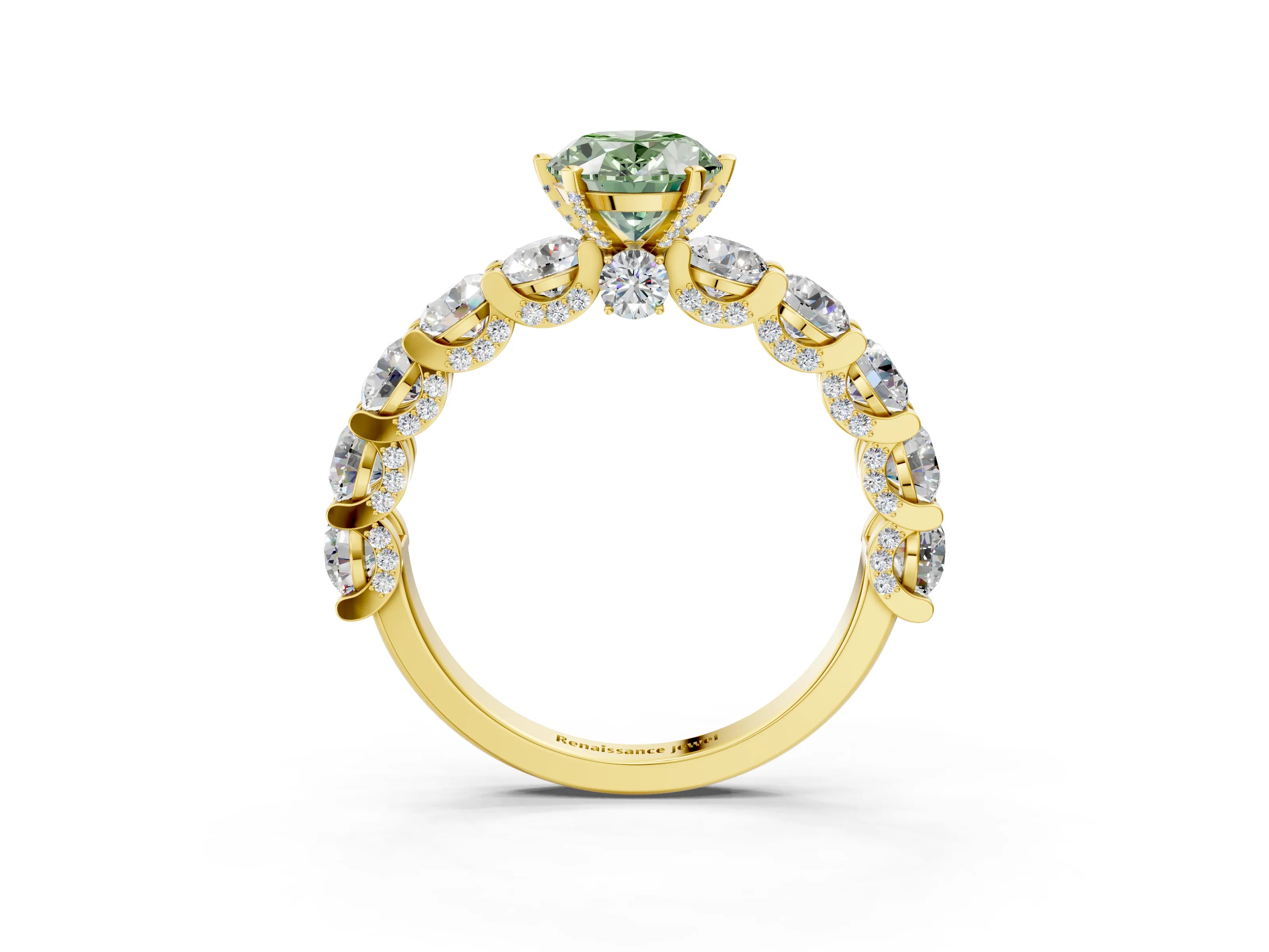 Yellow gold Fancy Green Oval Cut Diamond Side Stone Engagement Ring with Four-Prong Setting_27