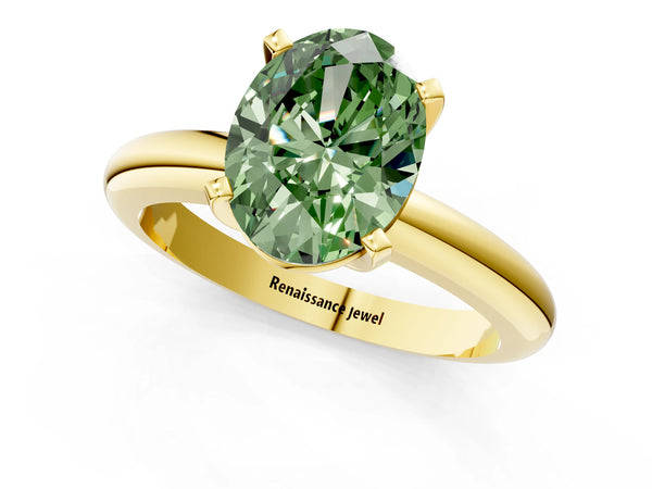 Yellow gold Fancy Green Oval Cut Diamond Solitaire Engagement Ring with Round Band and Four-Prong Setting