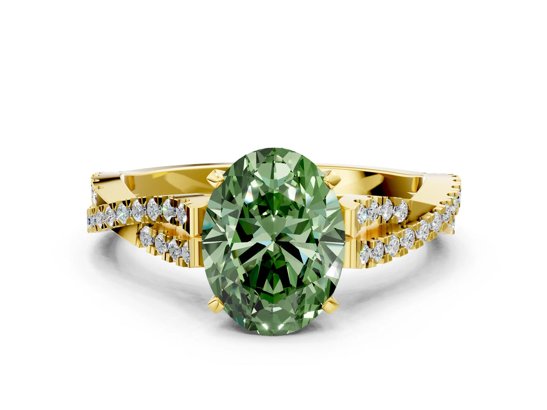 Yellow gold Fancy Green Oval Cut Diamond Solitaire Engagement Ring with Twisted Pavé Band and Four-Prong Setting_45