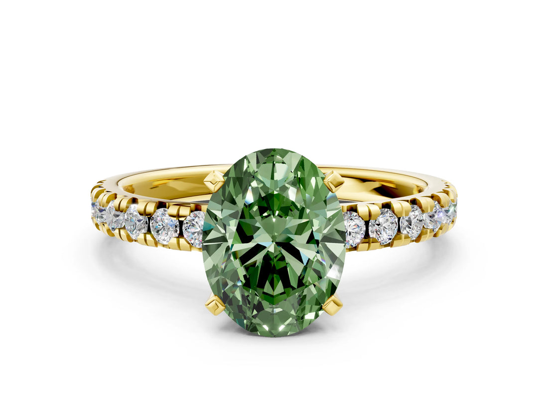 Yellow gold Fancy Green Oval Cut Diamond Solitaire Pavé Engagement Ring with Round Band and Prong Setting_44