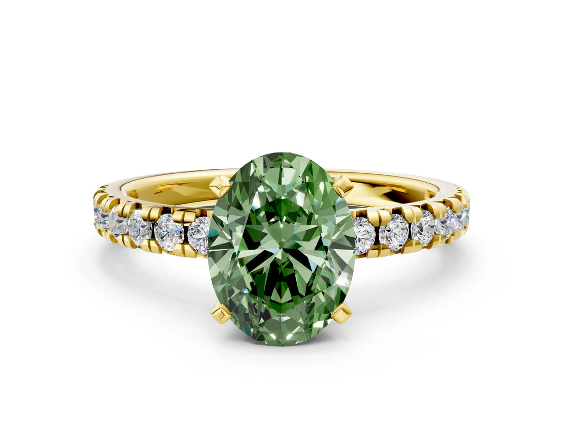 Yellow gold Fancy Green Oval Cut Diamond Solitaire Pavé Engagement Ring with Round Band and Prong Setting_62