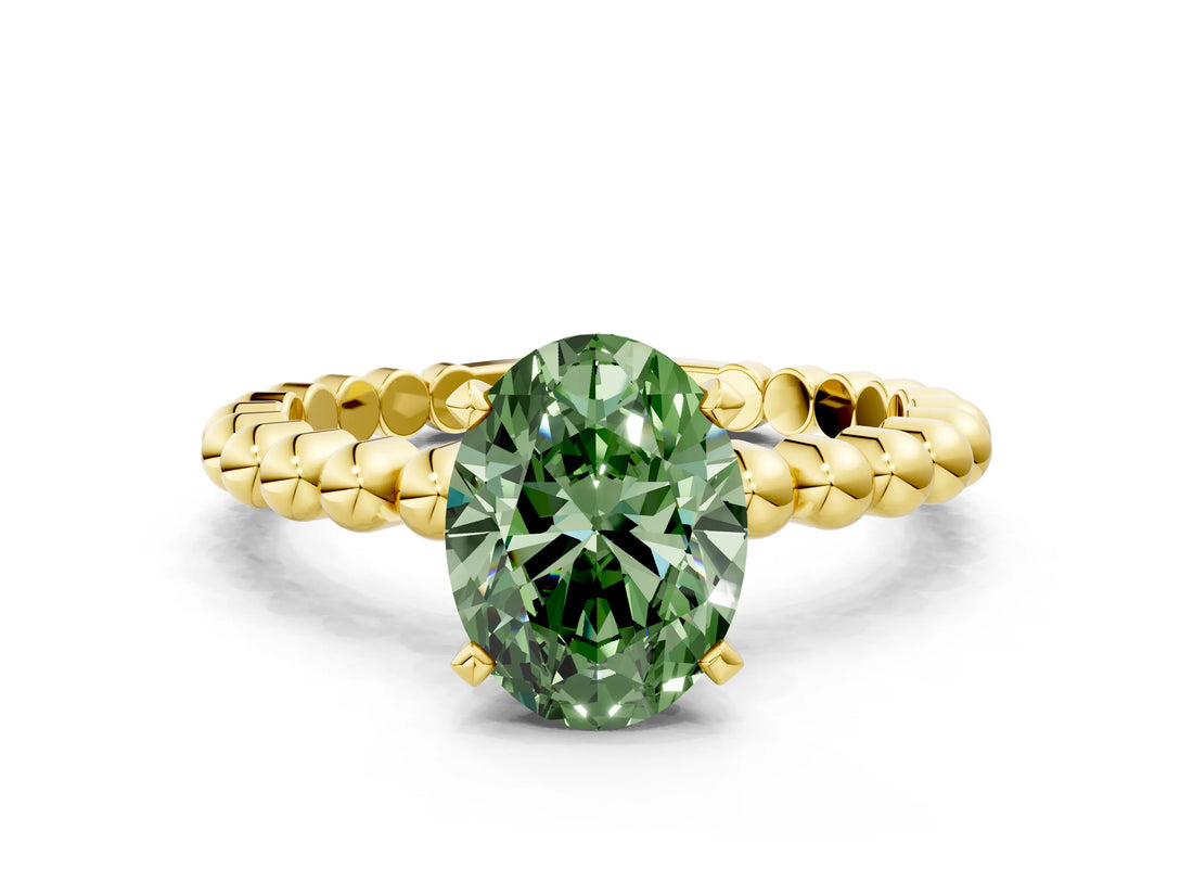 Yellow gold Fancy Green Oval Cut Diamond Solitaire Ring with Beaded Band and Prong Setting_295