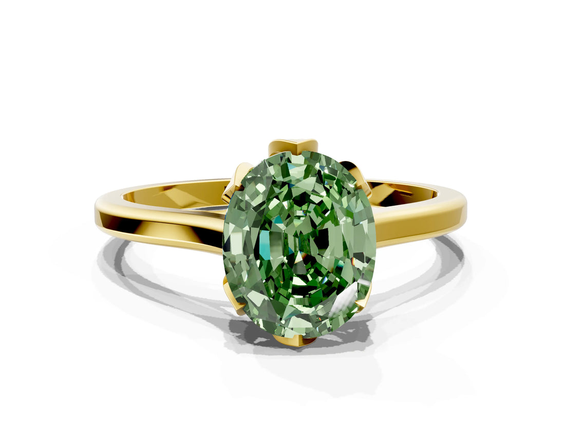 Yellow gold Fancy Green Oval Cut Diamond Solitaire Ring with Flower Prong Setting and Classic Band_36