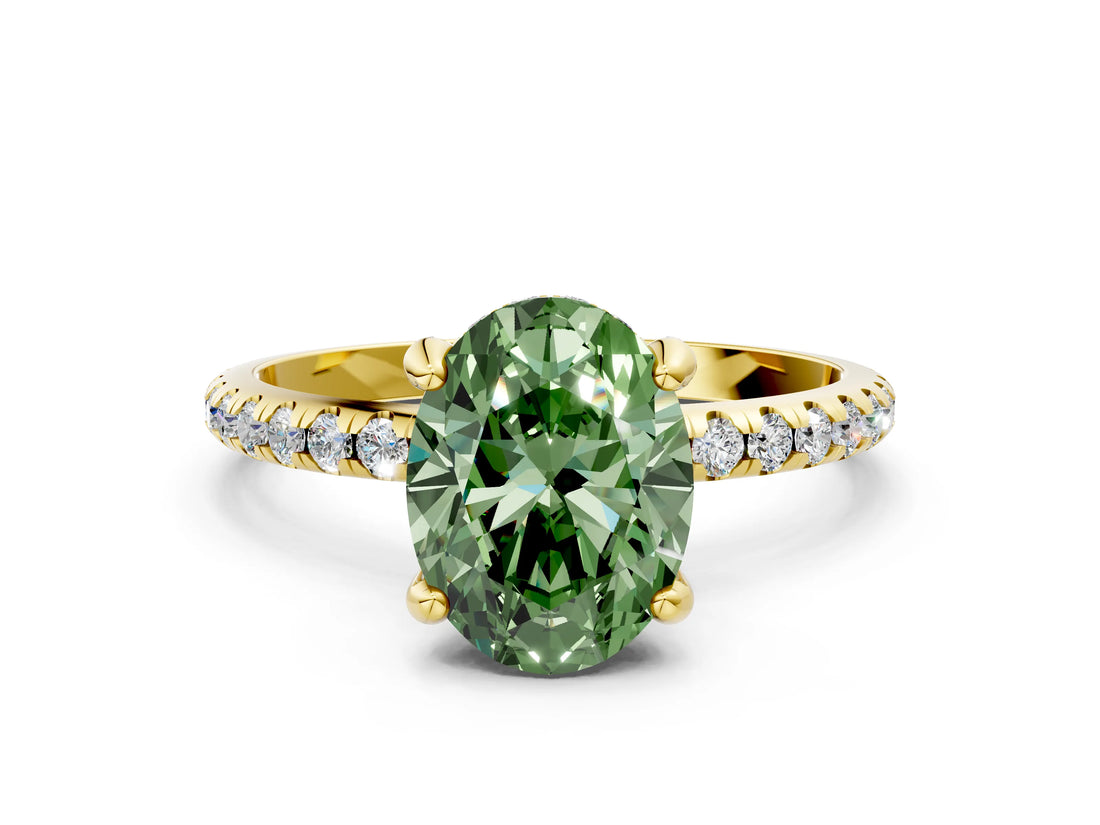 Yellow gold Fancy Green Oval Cut Diamond Solitaire Ring with Four-Prong Setting and Pavé Band_3