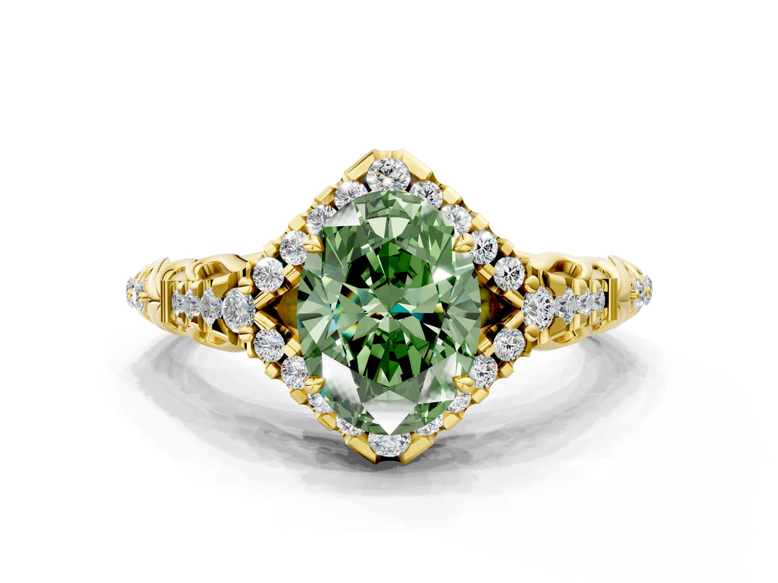 Yellow gold Fancy Green Oval Cut Diamond Solitaire Ring with Hidden Halo and Pavé Band_27