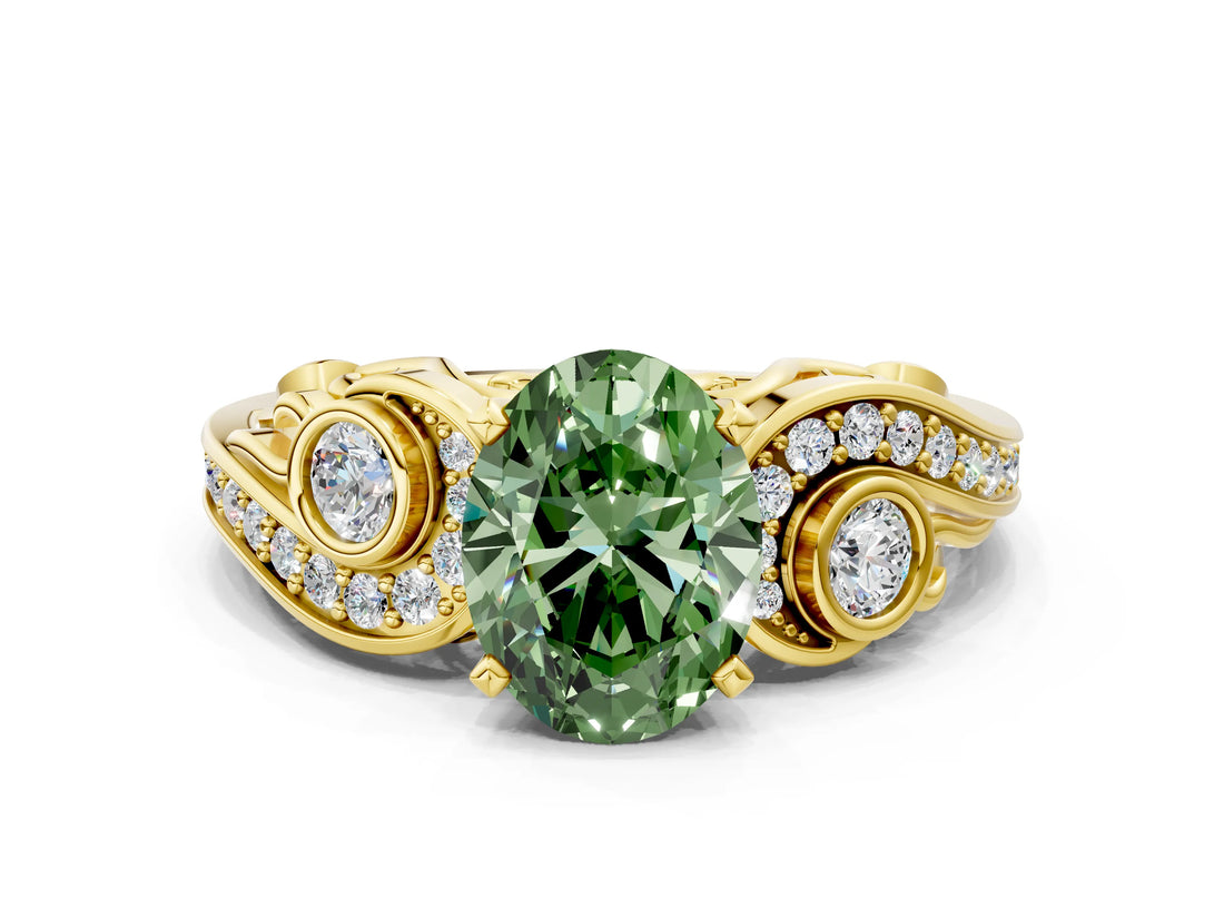 Yellow gold Fancy Green Oval Cut Diamond Solitaire Ring with Milgrain Pavé Band and Four-Prong Setting_167