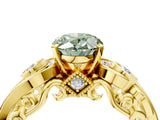 Yellow gold Fancy Green Oval Cut Diamond Solitaire Ring with Milgrain Pavé Band and Four-Prong Setting_171