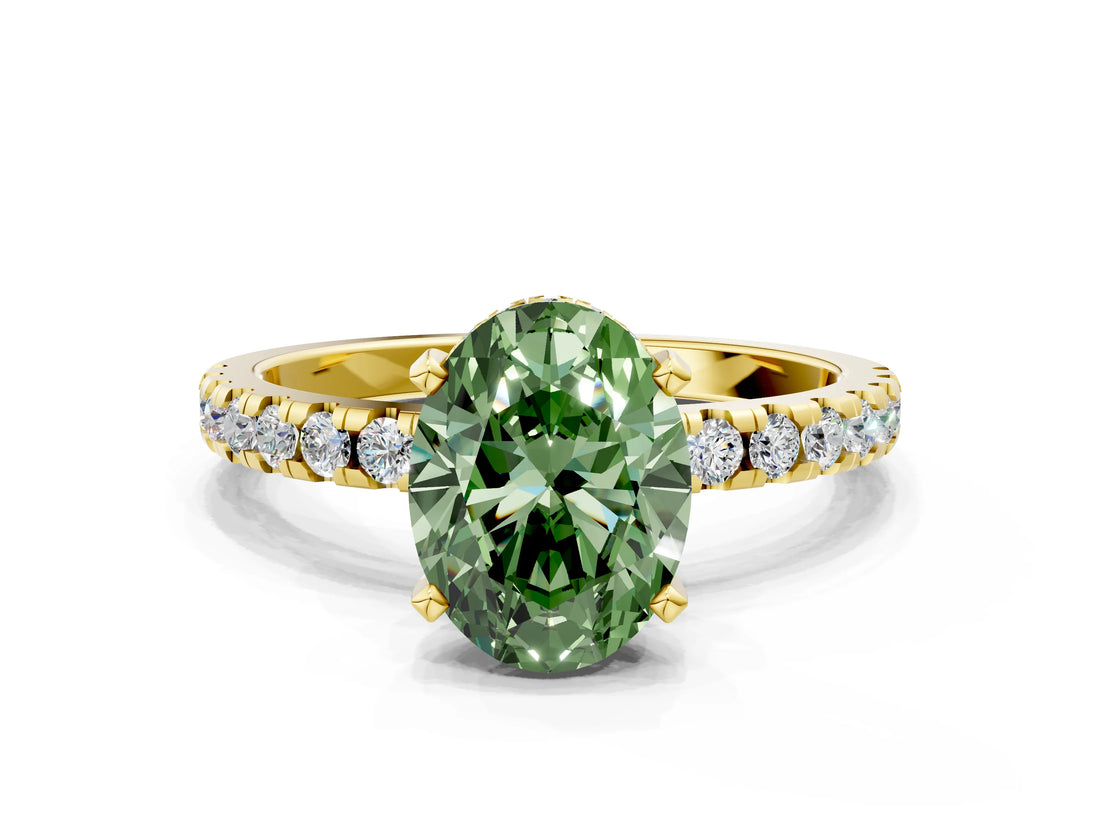 Yellow gold Fancy Green Oval Cut Diamond Solitaire Ring with Pavé Band and Four-Prong Setting_58