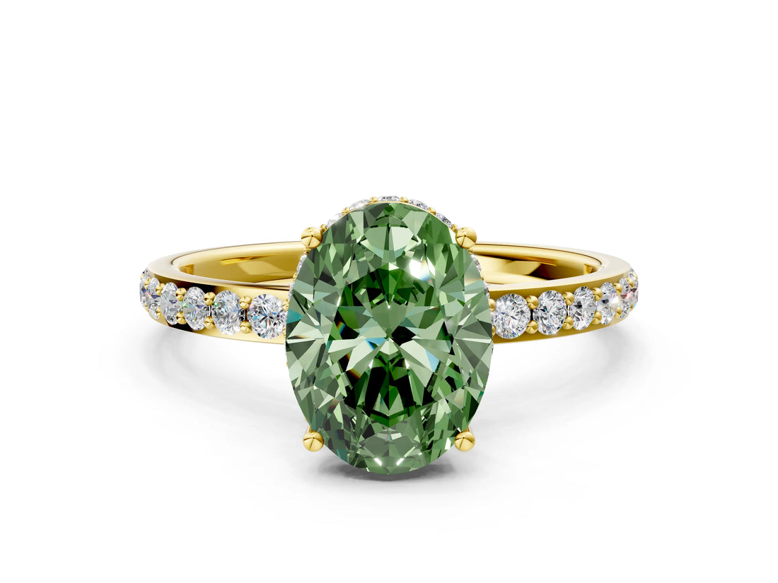 Yellow gold Fancy Green Oval Cut Diamond Solitaire Ring with Pavé Band and Hidden Halo_15