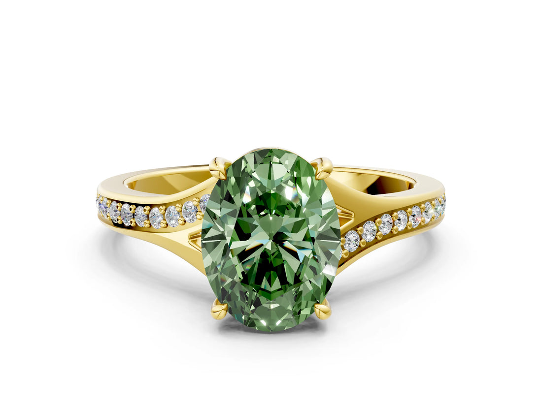 Yellow gold Fancy Green Oval Cut Diamond Solitaire Ring with Pavé Band and Prong Setting_12