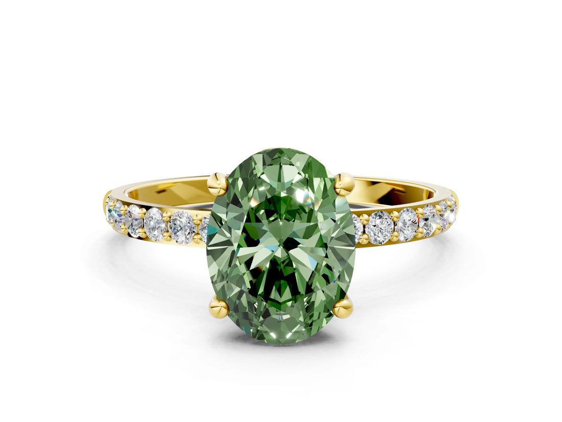 Yellow gold Fancy Green Oval Cut Diamond Solitaire Ring with Pave Band and Four Prong Setting_93