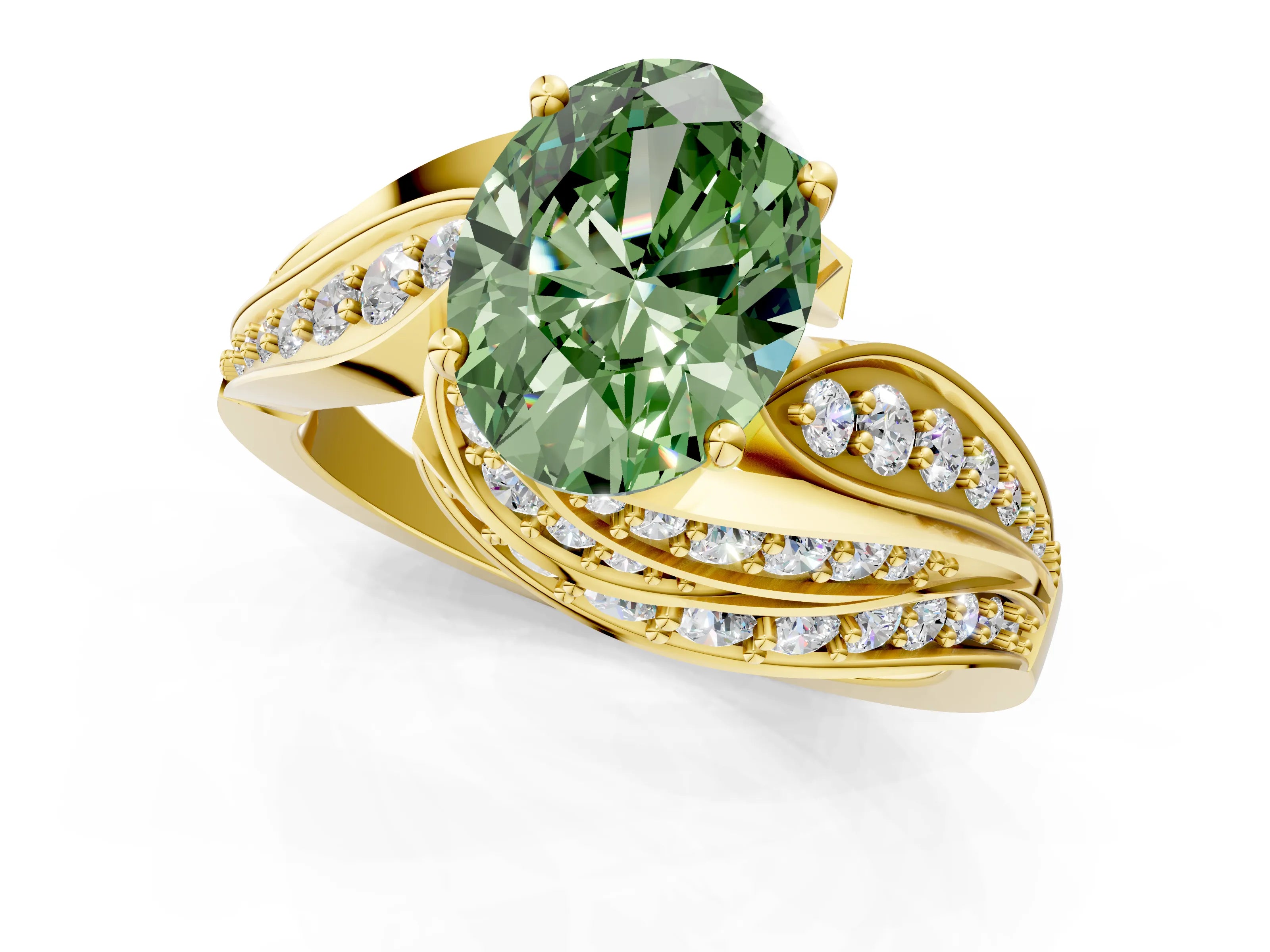 Yellow gold Fancy Green Oval Cut Diamond Solitaire Ring with Prong Setting and Twisted Pavé Band_1