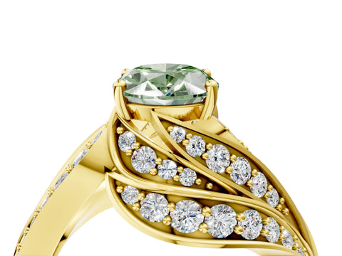 Yellow gold Fancy Green Oval Cut Diamond Solitaire Ring with Prong Setting and Twisted Pavé Band_4