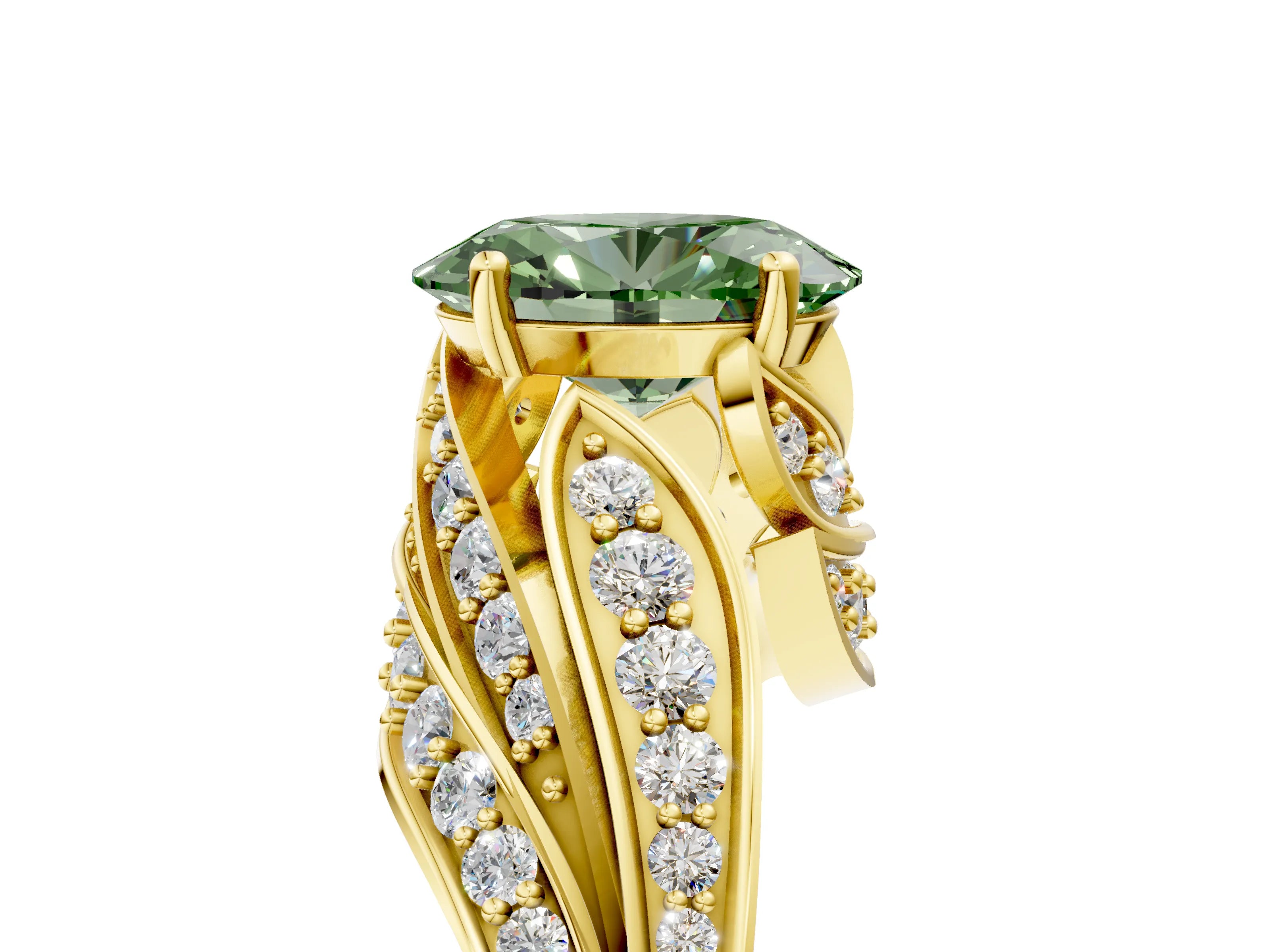Yellow gold Fancy Green Oval Cut Diamond Solitaire Ring with Prong Setting and Twisted Pavé Band_5