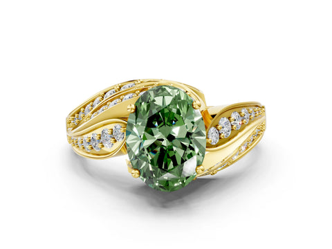 Yellow gold Fancy Green Oval Cut Diamond Solitaire Ring with Prong Setting and Twisted Pavé Band