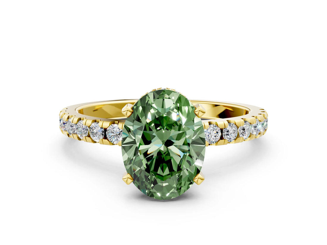 Yellow gold Fancy Green Oval Cut Diamond Solitaire Ring with Round  Pavé Band and Four-Prong Setting_36