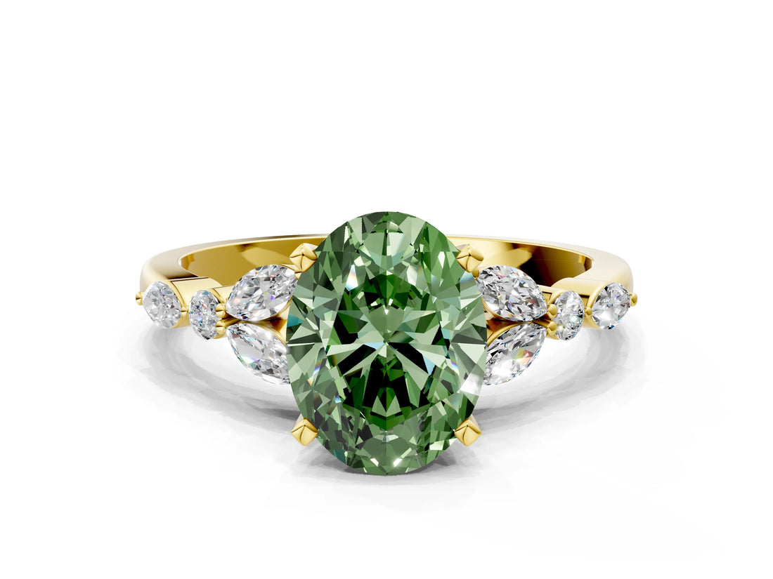 Yellow gold Fancy Green Oval Cut Diamond Solitaire Ring with Side Stones and Four-Prong Setting_49