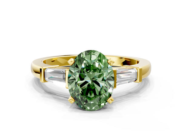 Yellow gold Fancy Green Oval  Cut Diamond Solitaire Ring with Tapered Baguette Accents and Four-Prong Setting
