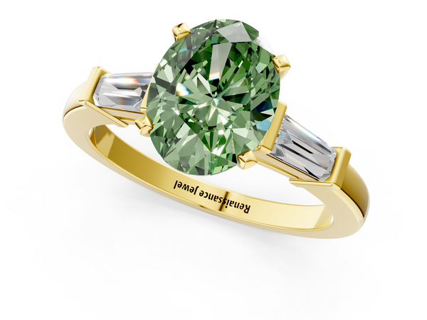 Yellow gold Fancy Green Oval  Cut Diamond Solitaire Ring with Tapered Baguette Accents and Four-Prong Setting