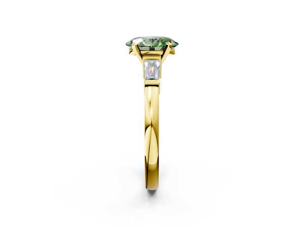 Yellow gold Fancy Green Oval  Cut Diamond Solitaire Ring with Tapered Baguette Accents and Four-Prong Setting