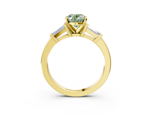 Yellow gold Fancy Green Oval  Cut Diamond Solitaire Ring with Tapered Baguette Accents and Four-Prong Setting