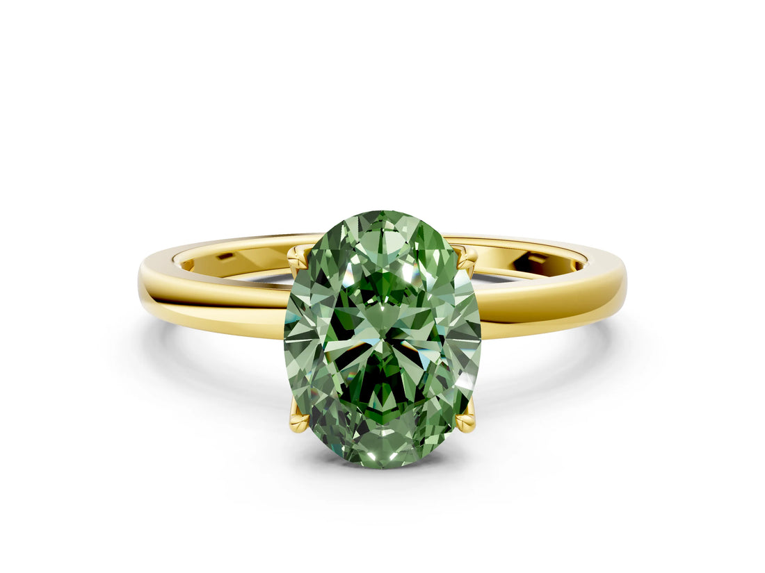 Yellow gold Fancy Green Oval Cut Diamond Solitaire Ring with Thin Band and Prong Setting_12