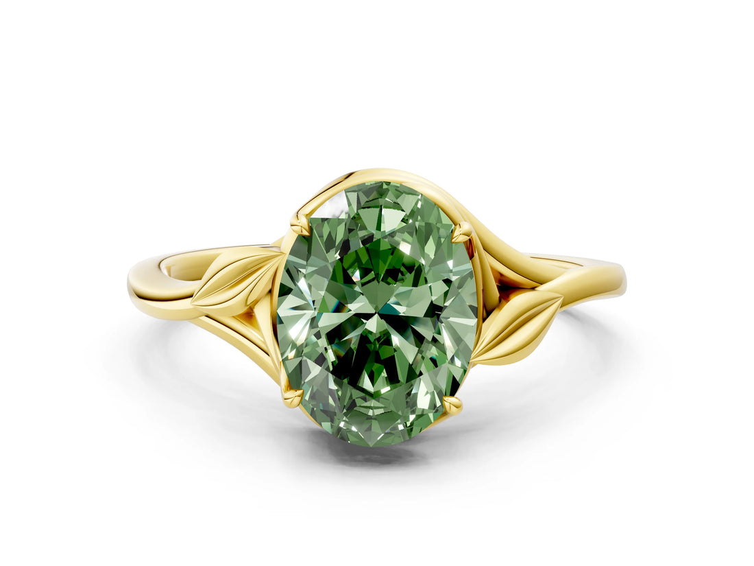 Yellow gold Fancy Green Oval Cut Diamond Solitaire Ring with Twist Band and Four-Prong Setting_57