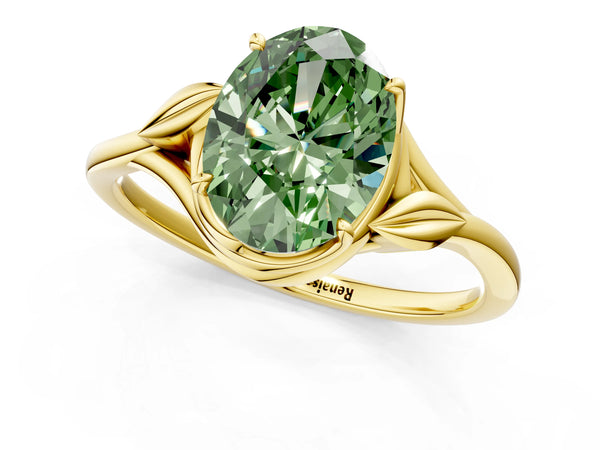 Yellow gold Fancy Green Oval Cut Diamond Solitaire Ring with Twist Band and Four-Prong Setting