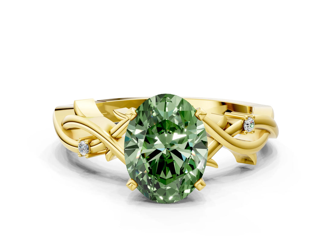 Yellow gold Fancy Green Oval Cut Diamond Solitaire Ring with Twisted Band and Prong Setting_218
