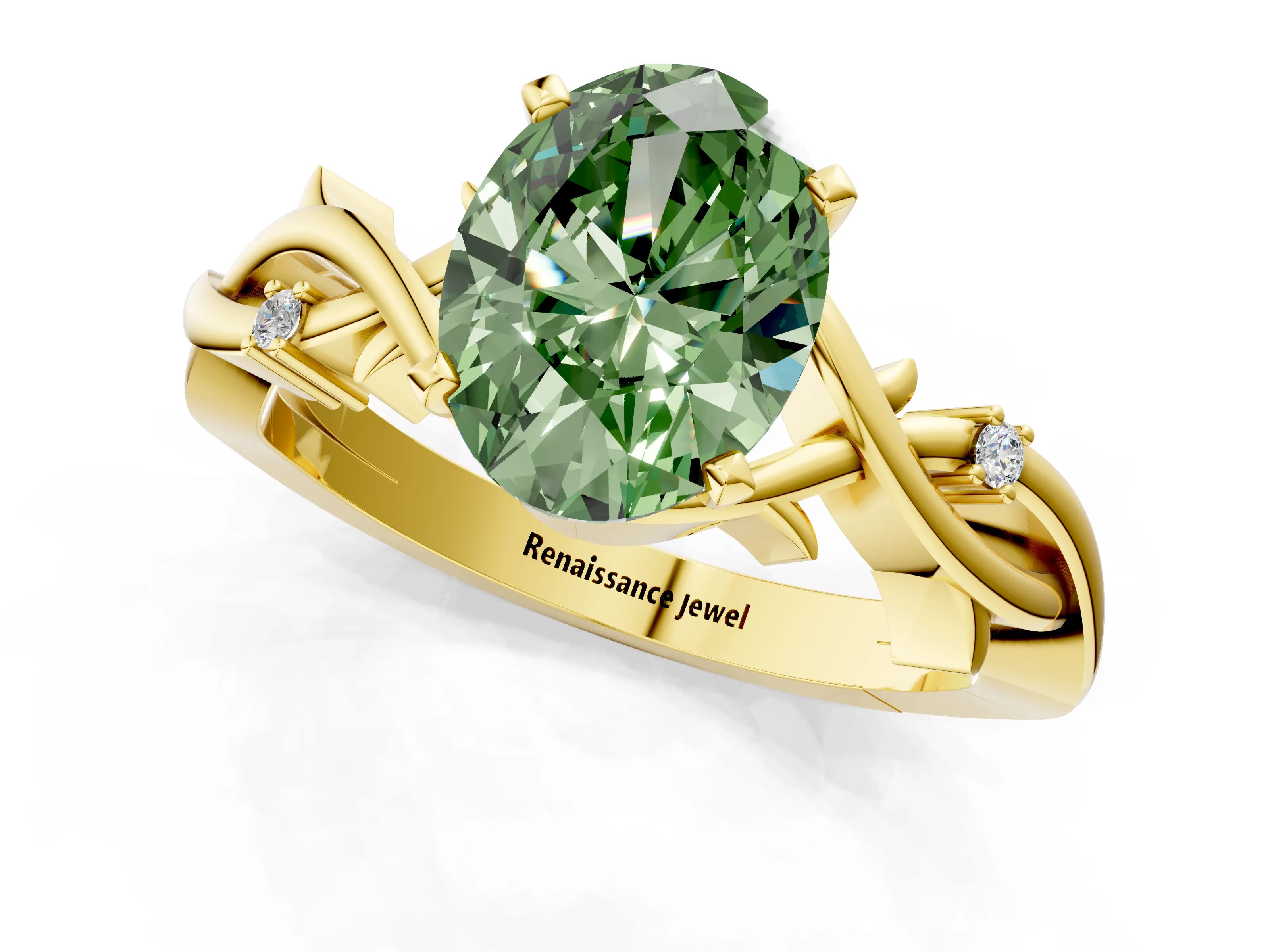 Yellow gold Fancy Green Oval Cut Diamond Solitaire Ring with Twisted Band and Prong Setting_219