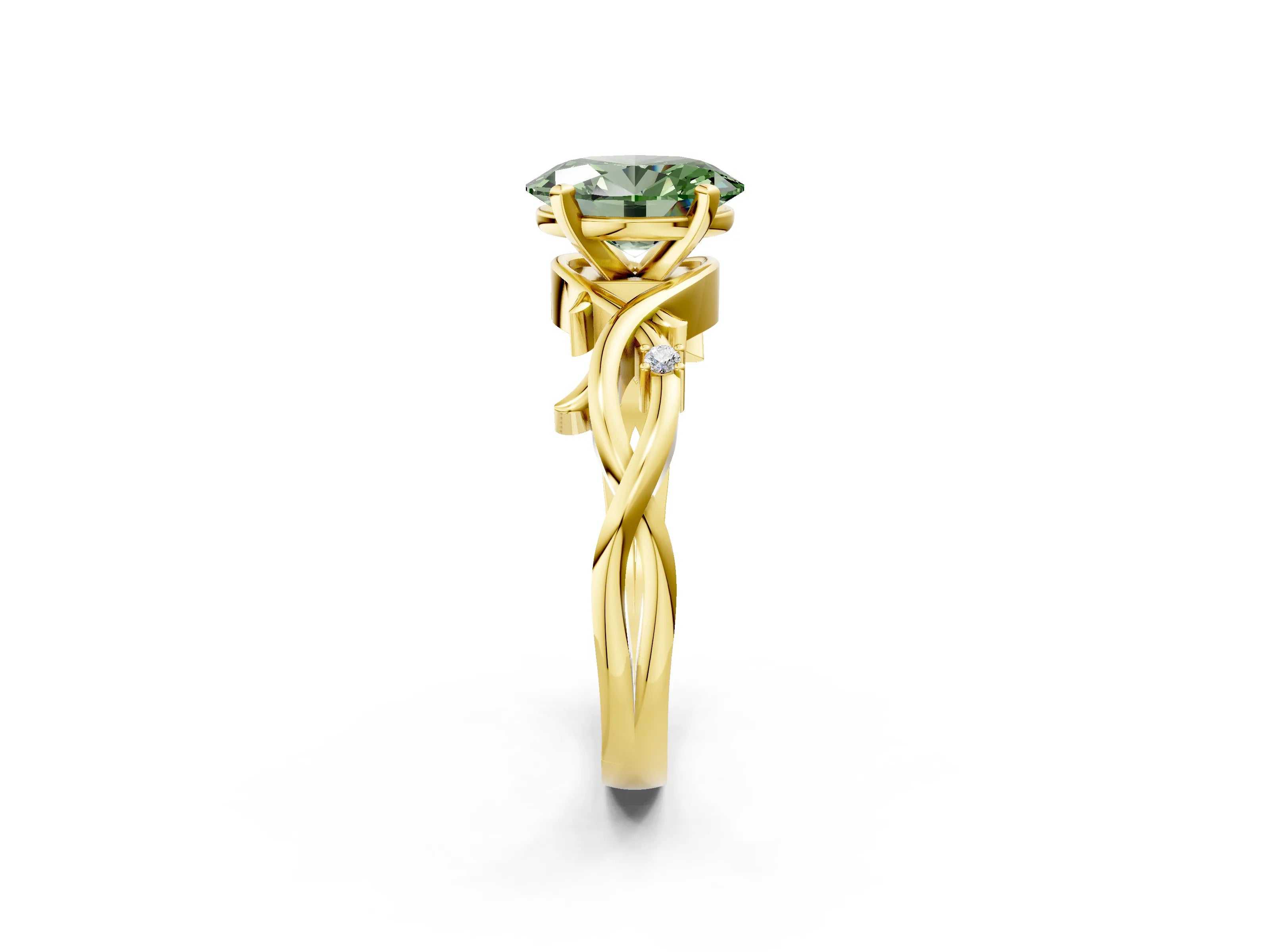 Yellow gold Fancy Green Oval Cut Diamond Solitaire Ring with Twisted Band and Prong Setting_220