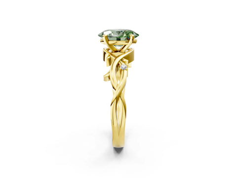 Yellow gold Fancy Green Oval Cut Diamond Solitaire Ring with Twisted Band and Prong Setting_220