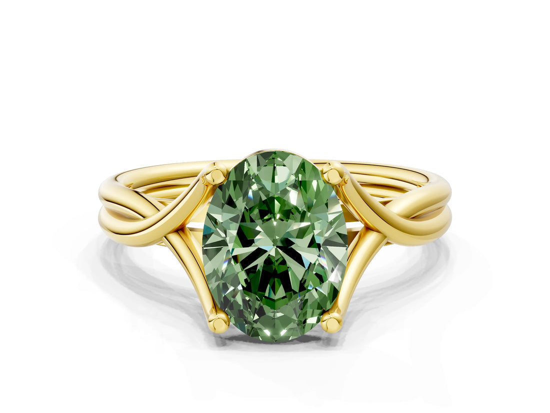 Yellow gold Fancy Green Oval Cut Diamond Solitaire Twist Band Prong Setting Ring_79