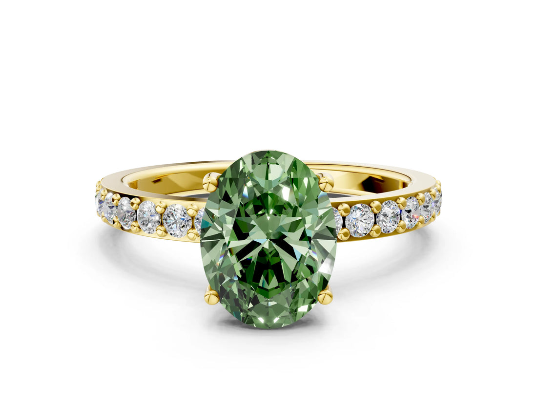 Yellow gold Fancy Green Oval  Cut Diamond Solitaire with Pave Band and Four-Prong Setting 1