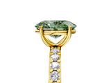 Yellow gold Fancy Green Oval  Cut Diamond Solitaire with Pave Band and Four-Prong Setting