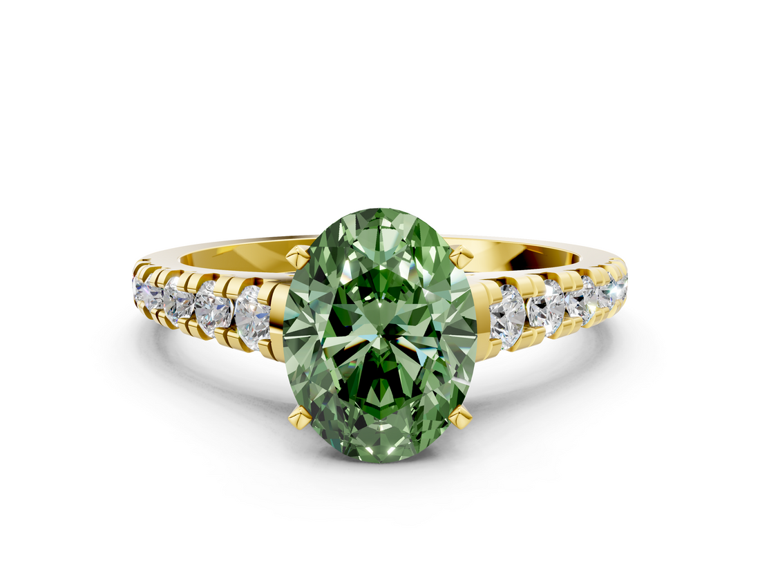 Yellow gold Fancy Green Oval  Cut Diamond Solitaire with Pave Band and Four-Prong Setting_152