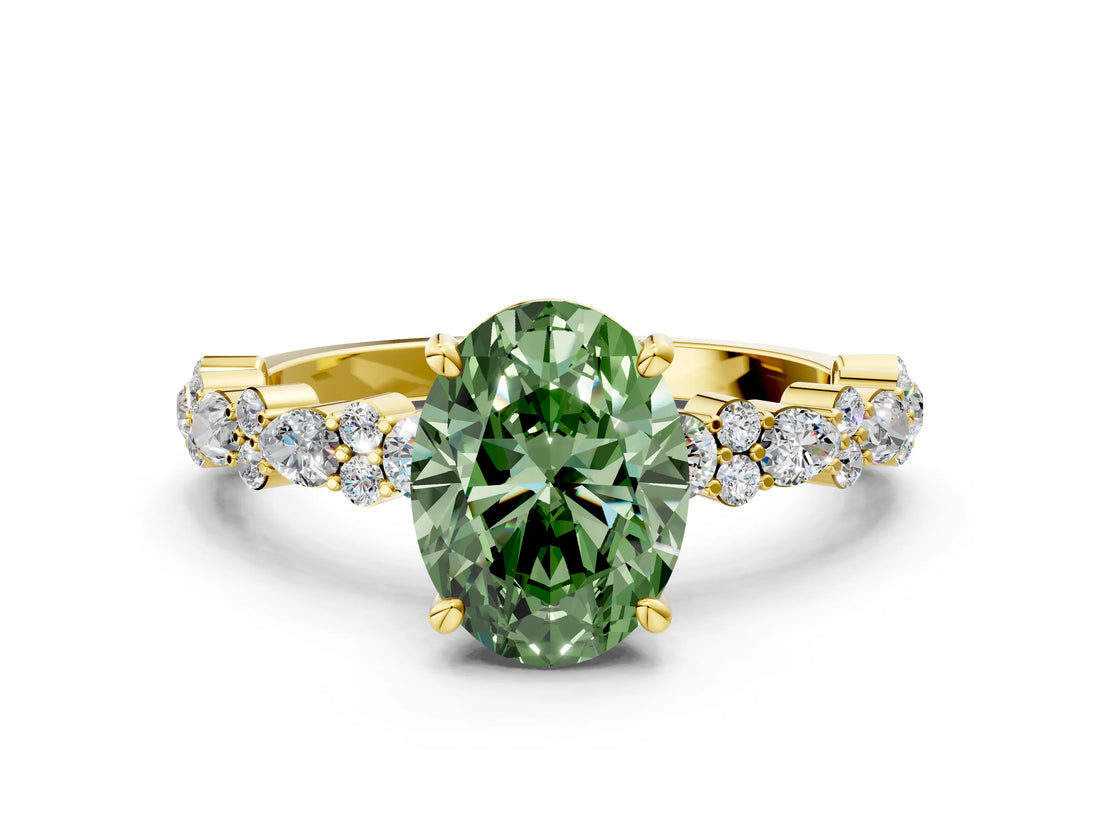 Yellow gold Fancy Green Oval Cut Diamond Solitaire with Side Stones, Pave Band, Four-Prong Setting_83