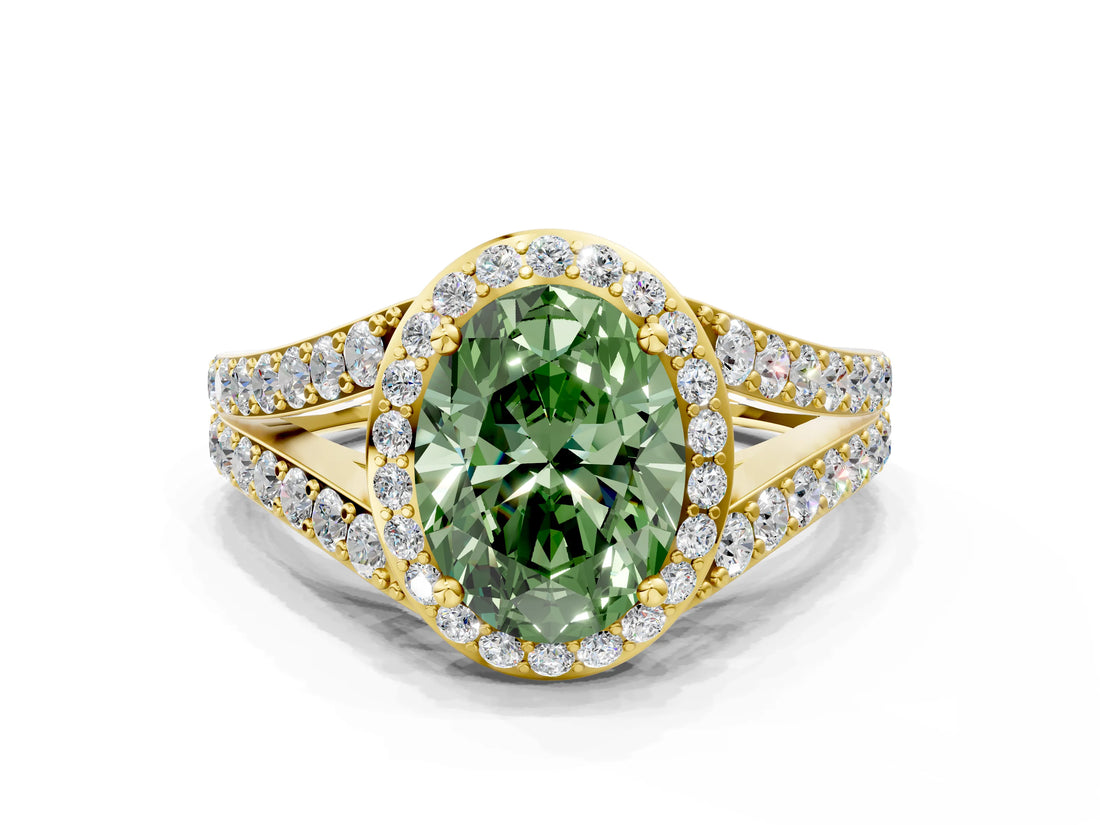 Yellow gold Fancy Green Oval Cut Diamond Split Shank Halo Ring with Four-Prong Setting_57