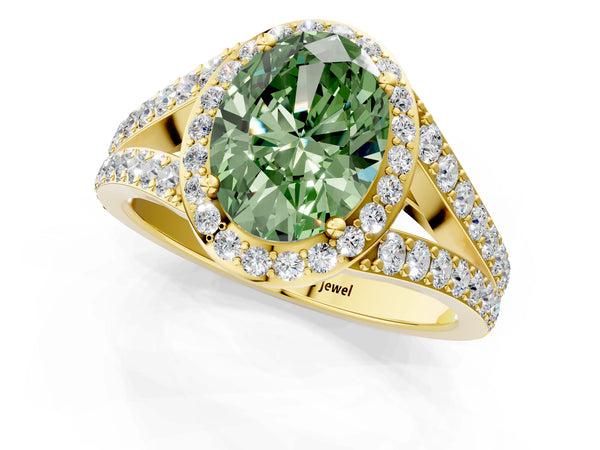Yellow Gold Oval Halo Engagement Ring Setting for Fancy Green Center with Narrow Pave Split Shank