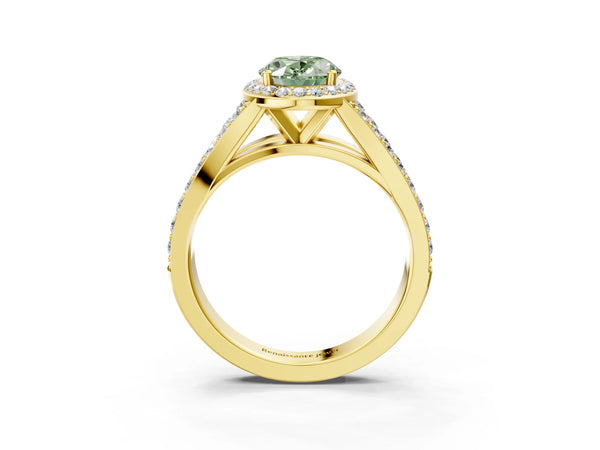 Yellow Gold Oval Halo Engagement Ring Setting for Fancy Green Center with Narrow Pave Split Shank