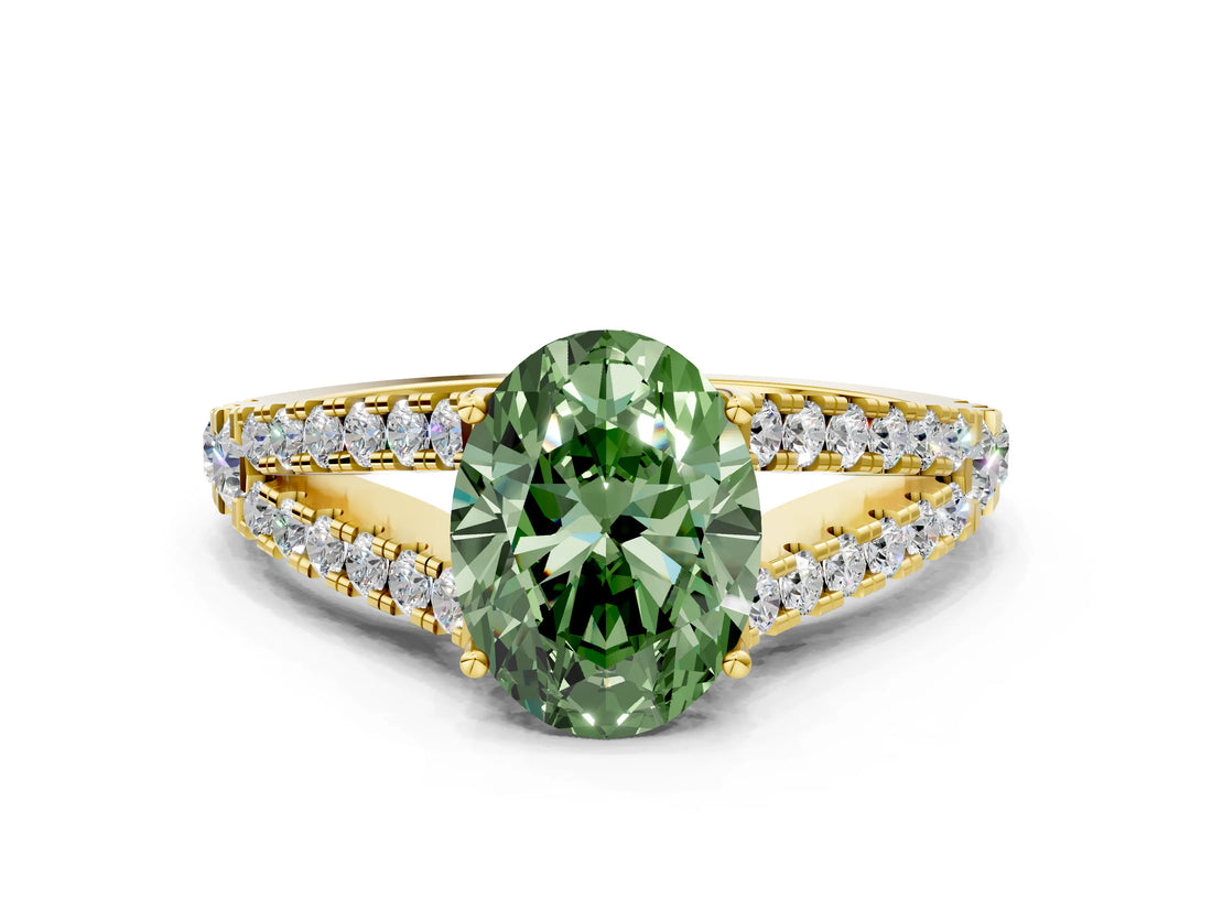 Yellow gold Fancy Green Oval Cut Diamond Split Shank Pavé Engagement Ring with Four-Prong Setting_91