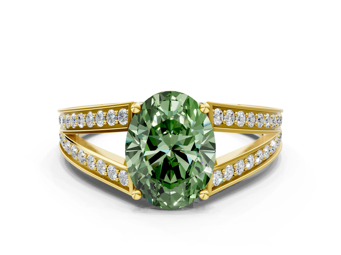 Yellow gold Fancy Green Oval Cut Diamond Split Shank Ring with Pavé Band and Four-Prong Setting_61