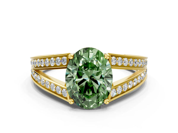 Yellow Gold Oval Pave Split Shank Engagement Ring Setting for Fancy Green Center with Engraved Sides
