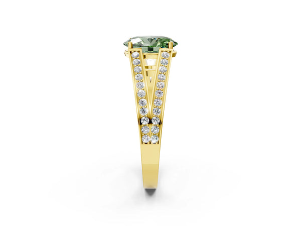 Yellow Gold Oval Pave Split Shank Engagement Ring Setting for Fancy Green Center with Engraved Sides